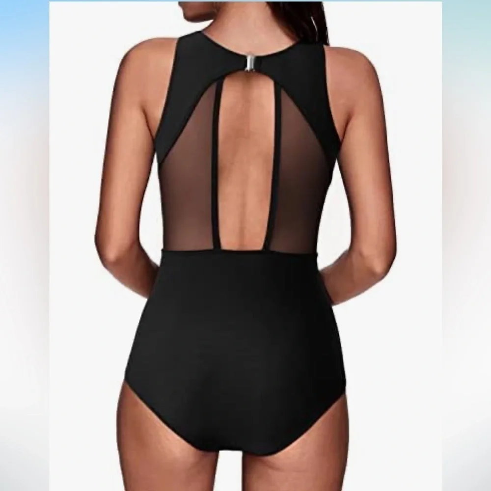 Athmile Black One-Piece Mesh, High-Cut, Tummy Control Swimsuit